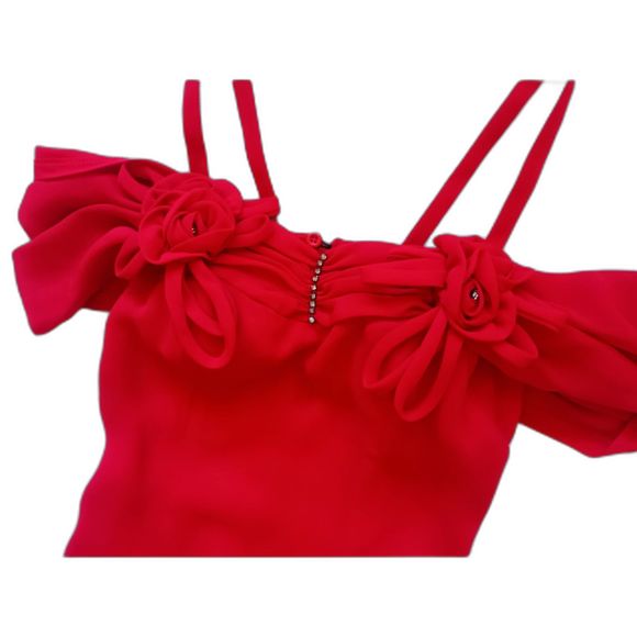 Tim's Paris 90s Red Formal Sheer Holiday Party Rhinestones Flowers Dress Small - Picture 3 of 11